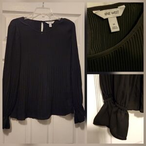Nine West Long Sleeve Blouse • Pleated w/Ruffle Cuffs & Keyhole Back • Black • M